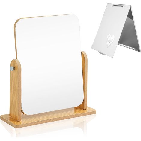 Espejo de Escritorio de Madera Giratorio de 360 Grados con Soporte, con Espejo Plegable Portátil, Espejo de Maquillaje, Espejo Cosmético (1/5)