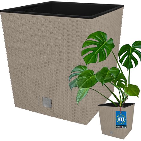 KOTARBAU® Kotarbau® Pot de Fleur Exterieur 40 x 40 cm - avec Insert Intérieur Pot Plastique Plante 64 L - Pot de Fleur Carré - Aspect Rotin - Moka (1/5)