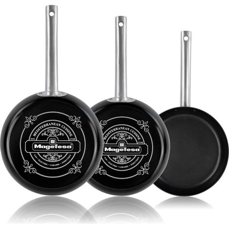 Magefesa Ares Juego 3 Sartenes Inducción 20-24-28 cm, Antiadherente Libre PFOA, Mango Acero Inoxidable, Acero  Negro
