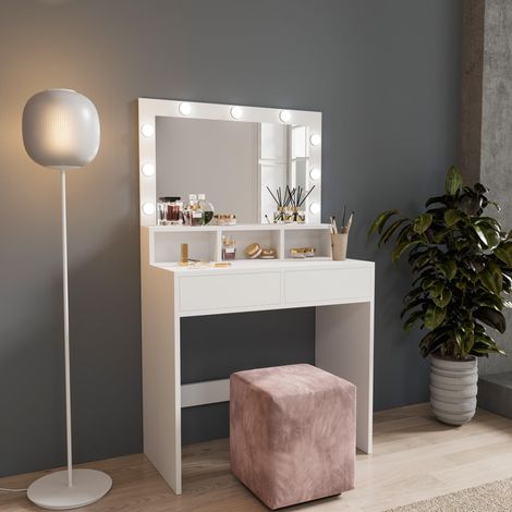 Toeletta Tavolino Da Trucco Tavolo Con 9 Luci LED Con Luminosità Regolabile 2 Cassetti 3 Scomparti A Giorno Specchio Orizzontale Postazione Make Up In Legno Design Moderno 40 x 80 x 140 Cm Bianco