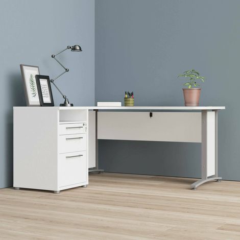Dmora - Schreibtisch Alfango, Mehrzweckschreibtisch, Bürotisch für PC, Eckschreibtisch, 159x151 h75 cm, Weiß und Grau (1/5)