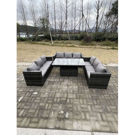 Fimous 9 Seater Outdoor Garden Furniture Rattan Sofa Set Adjustable Rising Lifting Dining Table Dark Grey Mixed (1/5)