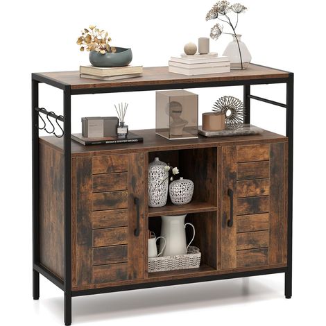 COSTWAY Credenza Buffet da Cucina a 2 Ante con 2 Mensole Regolabili su 3 Livelli, Credenza Bassa con 4 Ripiani Aperti e 3 Ganci, Mobile Buffet Vintage per Salotto e Soggiorno, 84 x 35 x 80 cm, Marrone (1/5)