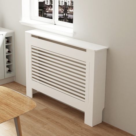 Cache Radiateur Design - Hauteur Intérieure 100cm- Couver Blanc Moderne avec Lattes Horizontales - M 111 x 19 x 101 cm