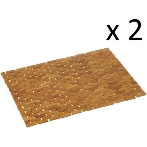 Lot de 2 tapis de bain antidérapant, tapis salle de bain en bambou coloris naturel - Longueur 60 x Profondeur 42 cm-JUANIO (1/3)