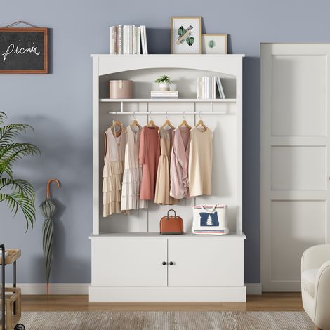 Garderobenschrank 120x40x190 cm Weiß aus Spanplatte mit Sitzbank, Schuhregal und verstellbaren Fächern (1/5)