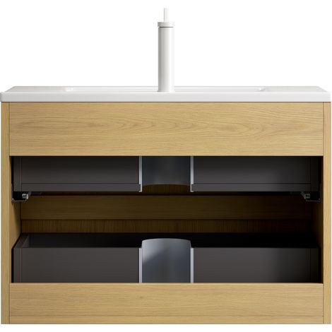Mobile bagno sospeso 75 cm con lavabo in ceramica bianco e 2 cassetti, rovere miele (1/5)