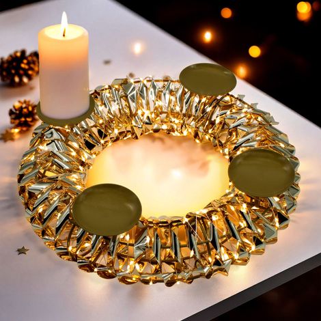 Adventskranz gold 250 LED mit Timer und Fernbedienung - 32 cm - Weihnachtskranz mit 4 Kerzenhaltern warm weiß beleuchtet mit 8 Funktionen