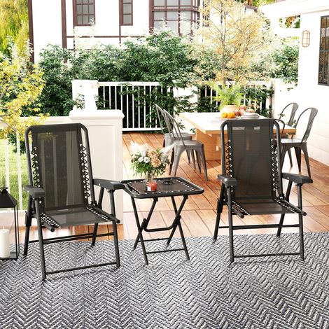Ensemble bistrot acier 3 pièces - mobilier pour extérieur et balcon - chaises de jardin noires - table pliante avec porte-gobelet (1/4)