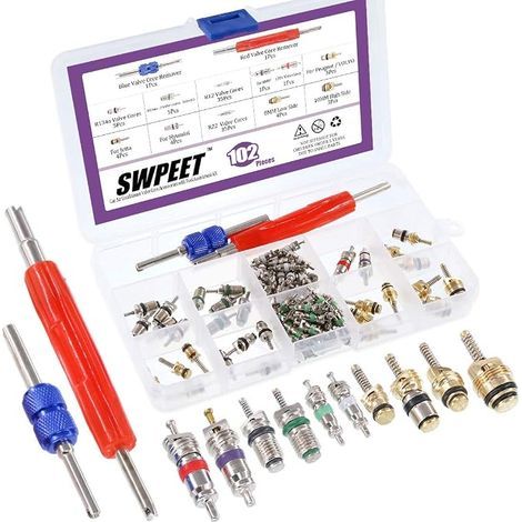 Air Conditioning Valve Core accessory kit, Including Assortment R12 R134 a Valve Core refrigeration Tire Valve Stem cores with Removal Tool for Most Cars (1/3)