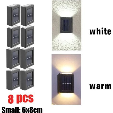 (Lumière chaude - Lot de 8) Spot décoratif solaire à éclairage indirect (haut et bas) pour éclairage extérieur, éclairage mural, LED étanche, pour la décoration de jardin et de cour (1/5)