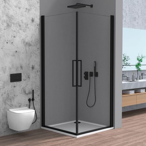 Box doccia angolare 70x80 in vetro temperato doppio battente con profili nero Neos