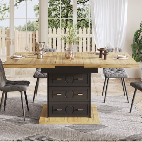 Mesa de comedor extensible 110-140x80 cm en MDF natural con almacenaje -FLORAGRACE (1/5)