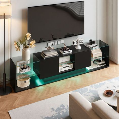 Mobile TV 200 cm - LED regolabile - Cassetti doppi - Semplicità moderna - Legno e vetro temperato - Soggiorno - 200 x 35 x 45 cm - Nero
