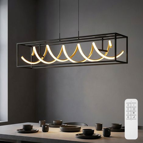 Lampada a sospensione LED dimmerabile Lampada a sospensione regolabile in altezza per sala da pranzo telecomando, CCT, oro nero, 42W 5100Lm bianco caldo-freddo, LxLxH 90x20x150 cm