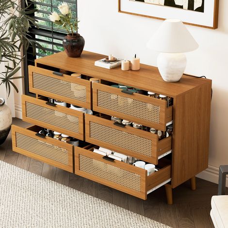 Eifson – Commode 120x40x76,5 cm avec 6 tiroirs en rotin – Poignées en métal – Pieds en bois massif – Style vintage pour salon et salle à manger (1/5)