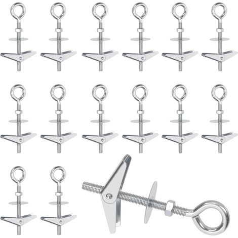 Satz mit 15 Ringschrauben M6 × 70 mm mit passenden Flügelmuttern, Unterlegscheiben und Sechskantmuttern. Stabile Haken zum Aufhängen schwerer Gegenstände.