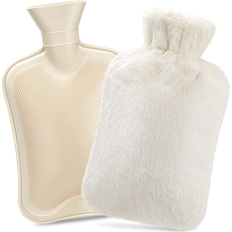 Bouillotte d'eau Chaude 2L avec Housse en Peluche Souple, Bouillotte en Caoutchouc Naturel Anti-fuite Bouteille d'eau Chaude, Fournir Chaleur et de Confort, Idéal pour Hivers Blanc