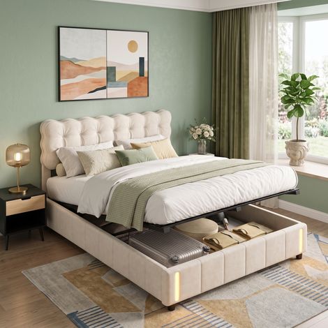 Superaly - Lit Double Coffre 140x190 cm - Rangement Hydraulique - Tête de Lit Rembourrée en Velours - éclairage LED inductif - sommier à lattes - Lit Adolescents de Style Nordique - Beige (1/5)