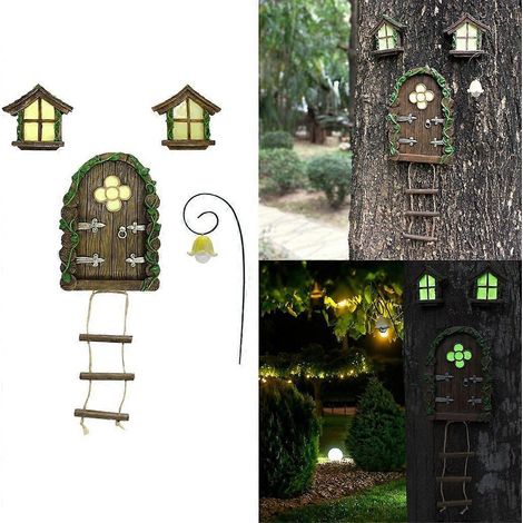 Porte miniature féerique avec fenêtre lumineuse, statues d'arbres polyvalentes pour arbres (1/4)