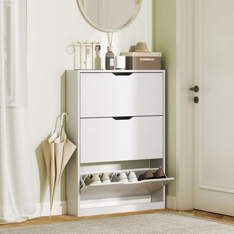 Scarpiera da ingresso in legno con 3 ante a soffietto, contiene 12 paia di scarpe, 80x17x108 cm, bianco (1/5)