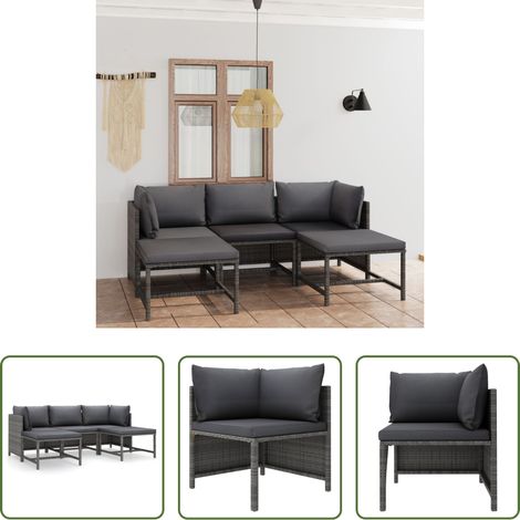 vidaXL Canapé en résine - Salon de jardin 5 pcs avec coussins Résine tressée Gris (1/5)