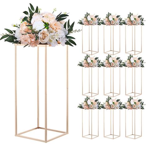 Support Fleur Mariage Colonne Lot de 10 Support Fleur Centre Table Mariage 60 cm Présentoir Floral Rectangulaire pour Fêtes, Anniversaires, Décoration Intérieure, avec Panneau Métallique, Doré (1/5)