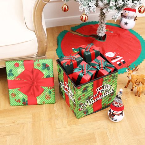 Boite De Rangement De Noel - Tabouret Pliable Avec Couvercle - Boite De Rangement En Tissu Non Tisse Pour Jouets Vetements Et Decorations - Rouge Vert - 30x32cm - 1 Unite (1/4)