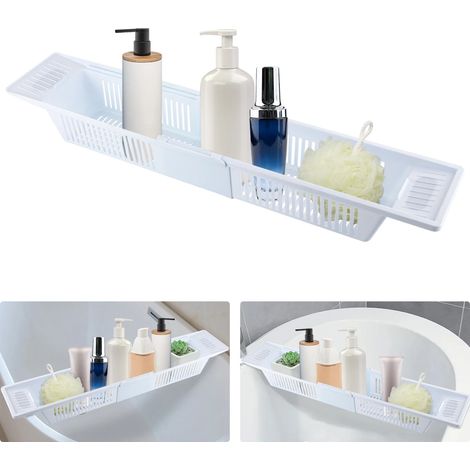 PP Badewannenablage Ausziehbar Weiß 80x15x10cm Einziehbar Badewannentablett aus Kunststoff für Duschgel