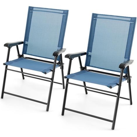 GOPLUS Lot de 2 Chaises de Jardin Pliantes, avec Accoudoirs, Tissu Respirant & Cadre Métallique Solide, Chaises Portatives Légères à Dossier en Toile pour Jardin, Terrasse, Patio (Bleu) (1/5)
