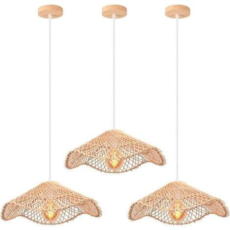3x Rétro Suspension Luminaire Industriel,E27 Lustre Vintage Abat-jour en Bambou Plafonnier Style Bohème pour Salon Chambre (1/5)