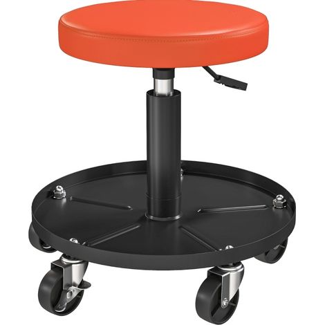 Tabouret d'atelier roulant réglable en hauteur 38-50 cm avec plateau de rangement, capacité 135 kg, assise pivotante orange (1/5)