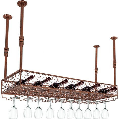Étagère à vin pour montage au plafond - Organisateur de vin avec supports en verre - Étagère à vin suspendue - 100 cm - En métal - Support mural pour 20 à 30 tasses - Marron (1/5)
