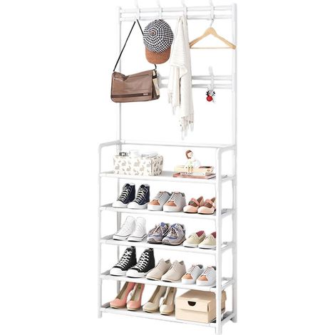 Étagère de rangement 5 niveaux pour chaussures avec crochets – Pour couloir et entrée – Chaussures, vêtements et accessoires – Blanc (1/5)