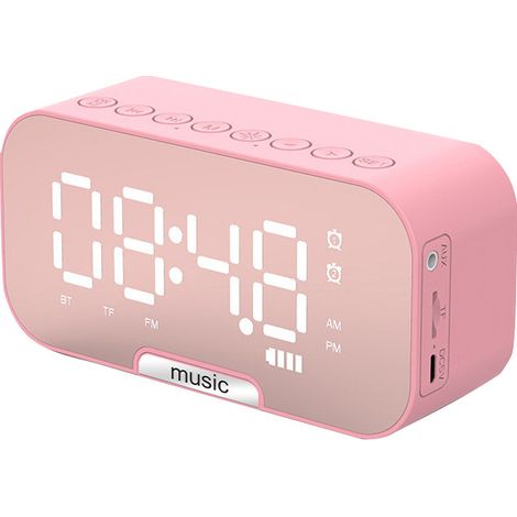 Horloge One Piece 5 en 1 avec Bluetooth, radio FM, réveil miroir, température, rechargeable, carte TF (rose) (1/4)