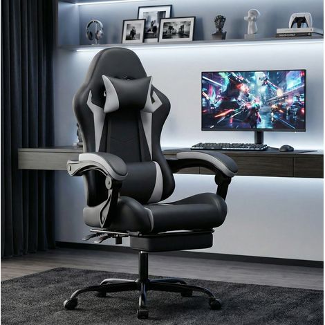 Sedia da gaming nero/bianco in PVC con design ergonomico, poggiatesta, supporto lombare e poggiapiedi retrattile (1/4)