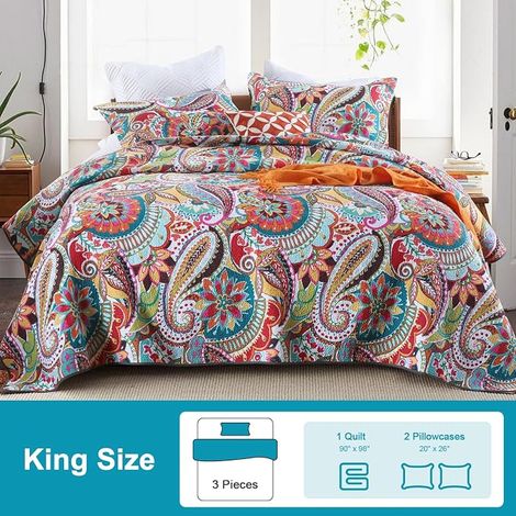Bedspread 220 x 240 cm, Paisley Colourful Soft Cotton Bed Cover, Double Bed Cover with 2 Pillowcases 50 x 70 cm for All Seasons (1/4)