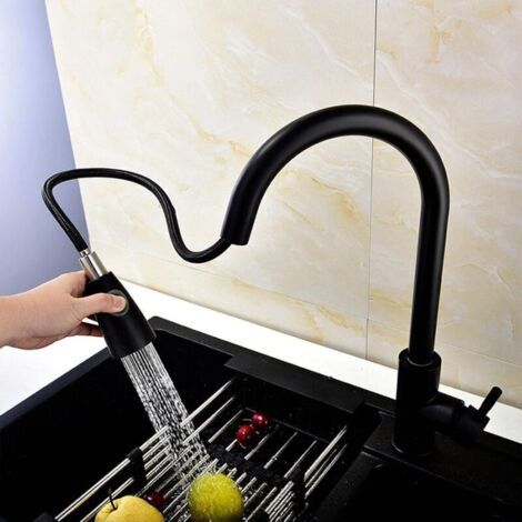 NALOOKAMIC Robinet de cuisine moderne �� arc ��lev�� avec douchette �� main , robinet d'��vier �� levier unique , robinet �� main en acier inoxydable , noir
