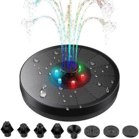 Fontaine solaire, pompe à eau 4W avec éclairage LED, 7 buses et fixation pour bain d'oiseaux, bassin, piscine, aquarium, noir (1/5)