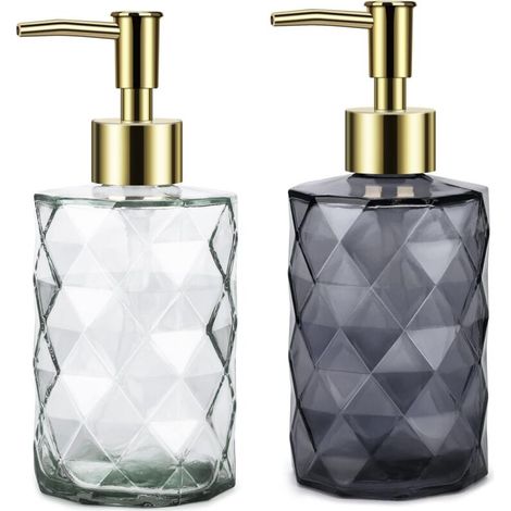 Liquid Soap Dispenser, Glass Soap Dispenser with Manual Pump, 2 Pack, Refillable Liquid Soap Dispenser for Bathroom, Kitchen, White + Gray Soap Dispenser