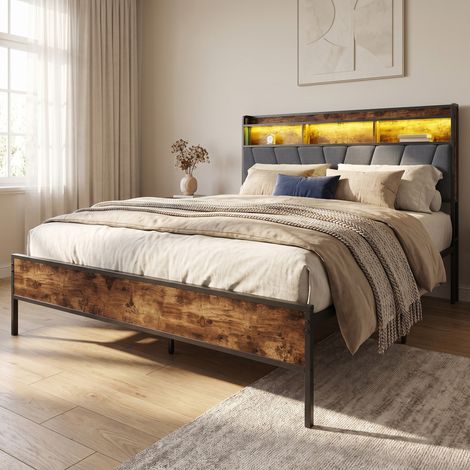 Lit double adulte 140x200 cm avec LED et station de charge, tête de lit capitonné avec rangement, style industriel, Gris (1/5)
