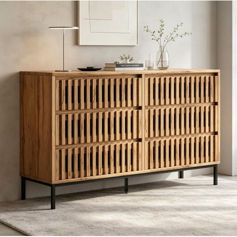 Credenza/cassettiera 120x40x81 cm, 6 cassetti, design a griglia, mobile contenitore per soggiorno, legno MDF naturale (1/5)