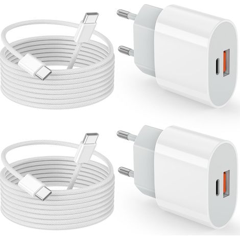 2 Pack Chargeur USB C, 20W 2 Ports Prise USBC Rapide Secteur Alimentation, Multi Secteur PD+QC Type C Adaptateur avec 2M Cable für Apple iPhone 17/17 Pro/17 Air/17 Pro Max/15/16/16 Plus/16 Pro Max (1/5)