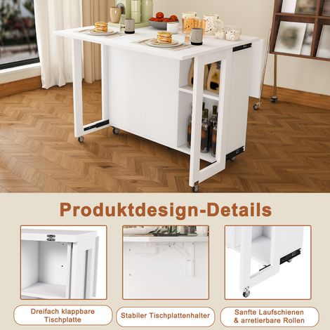 Table pliante multifonctionnelle blanche avec roulettes pivotantes à verrouillage 360°, idéale comme table à manger, buffet ou table basse, spacieuse avec rangement intégré, îlot de cuisine mobile pra (1/5)