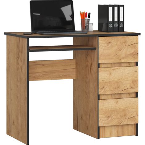 Escritorio de ordenador AKORD A6 Roble Craft 90 cm con lado derecho 3 cajones frente en color Roble Craft 1 estante 90x50x77 cm (1/4)