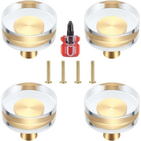 Lot de 4 Boutons de Porte en Cristal Transparent et Laiton pour Armoires, Tiroirs, Placards et Meubles - 30x27 mm (30x27 mm)