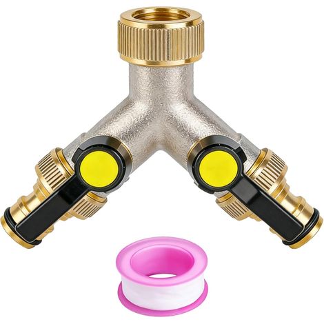Répartiteur en Y en Laiton à 2 Voies, Raccord 3/4 Pouce, 2 Vannes d'Arrêt, Adaptateur pour Tuyau d'Arrosage, Raccords 1/2" et 3/4", Jardin et Cuisine (1/5)