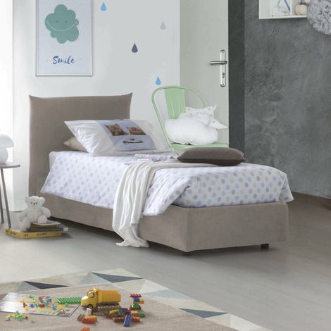 Dmora - Cama individual Dborbe, Cama contenedor con revestimiento de tela, 100% Made in Italy, Apertura lateral, con colchón 80x190 cm incluido, Tórtola (1/5)