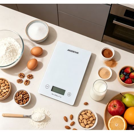 Balance de cuisine numérique Aigostar 5kg verre trempé, haute précision 1g fonction tare facile nettoyage, compacte durable (1/3)