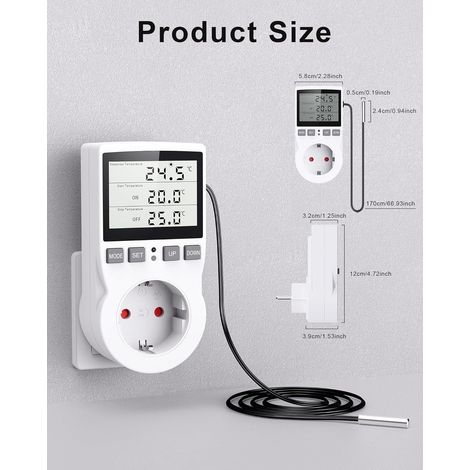 Termostato LCD a spina con sonda digitale per la regolazione della temperatura, ideale per serre, acquari, contenitori in vetro, rettili e altri oggetti. (1/3)